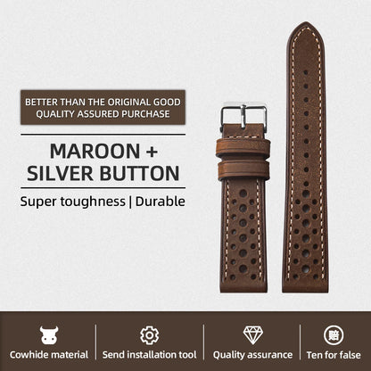 Men's Cowhide Leather Watch Strap, Handmade Top Layer, Italian Genuine Leather 18 19 20 21 22MM, Breathable Hole Design, Vintage