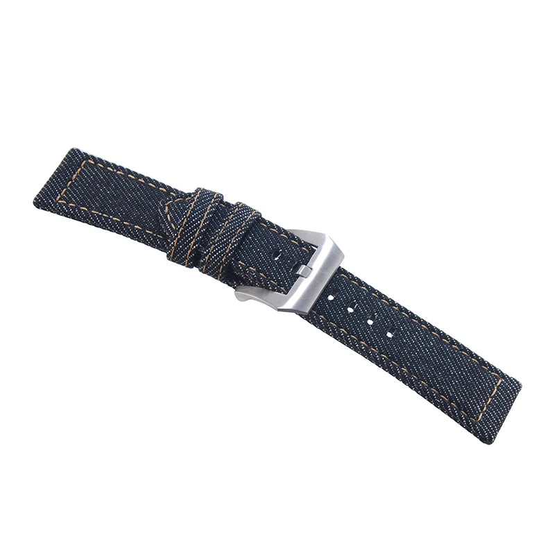 Bracelet de montre en Denim pour hommes, 24mm, noir, vintage, en toile, en coton, avec boucle