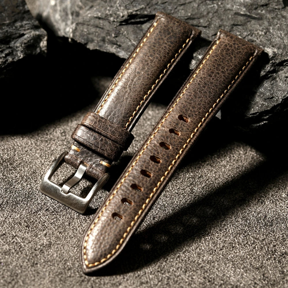 Men's Waxed Leather Watch Strap, Handmade Top Layer, Grey Leather, Italian Leather, High-End, 20mm, 22mm