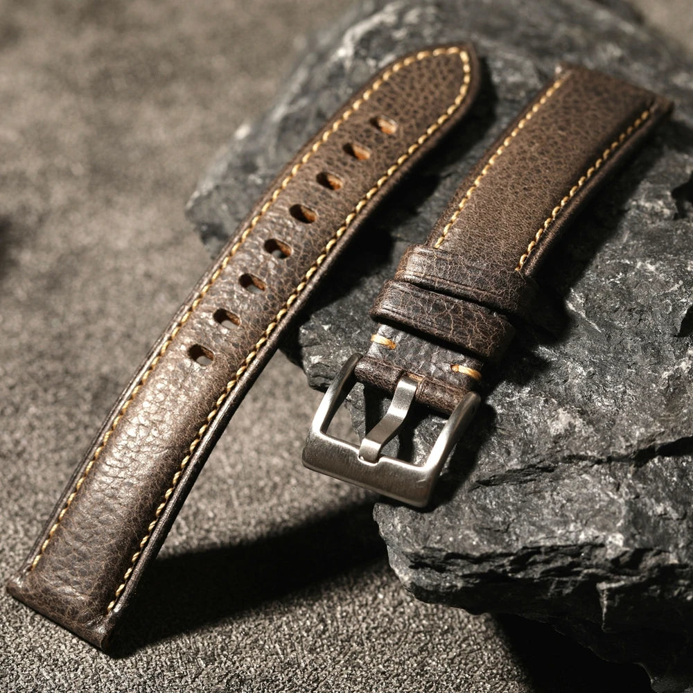 Men's Waxed Leather Watch Strap, Handmade Top Layer, Grey Leather, Italian Leather, High-End, 20mm, 22mm