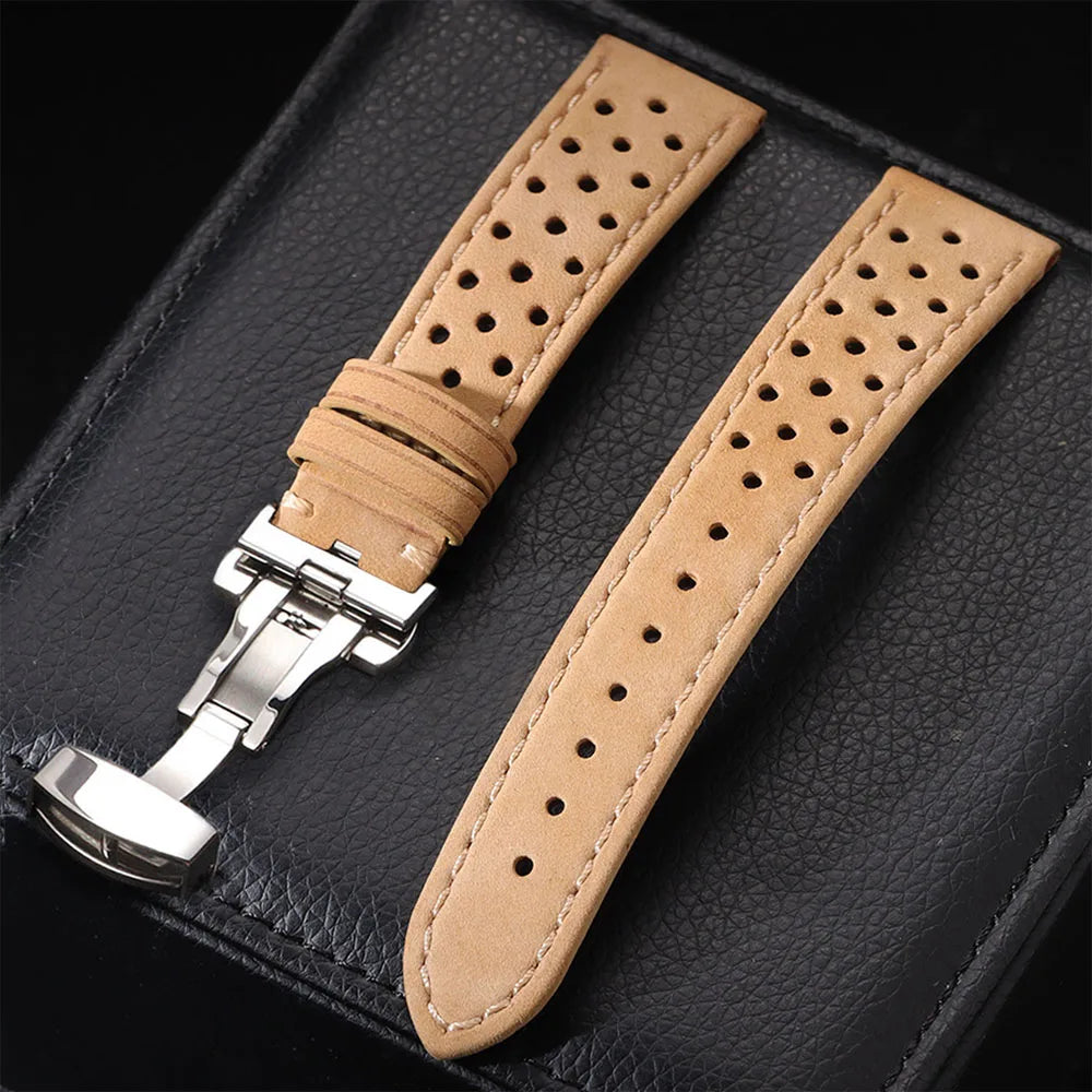 Bracelet de montre universel en cuir de vache véritable, boucle papillon, Vintage, pour hommes et femmes, respirant, ceinture 18/20/22mm