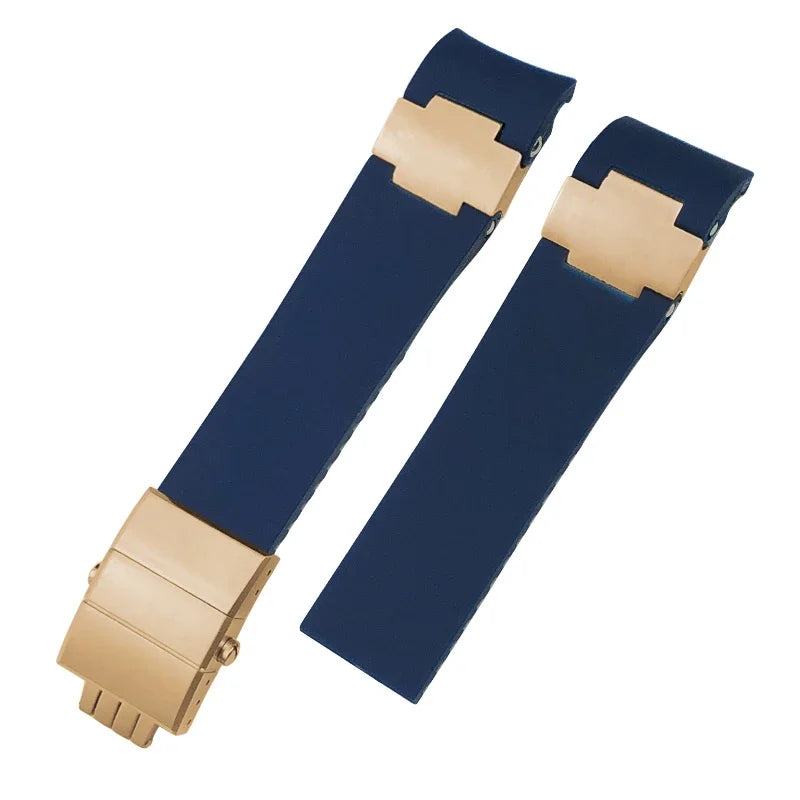 Cinturini per orologio in gomma siliconica da 22 mm compatibili con Ulysse Nardin Diver, chiusura deployante color argento o oro rosa, cinturino nero o blu