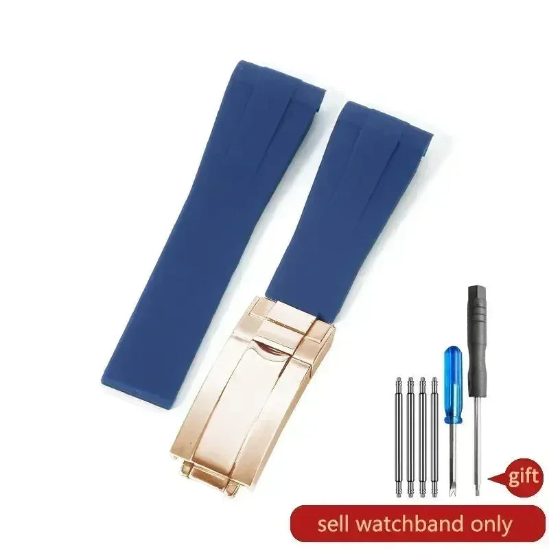 High-quality silicone watch strap in colorful styles (black, green, red, blue, white), with a curved interface for Rolex Datejust Submariner straps.