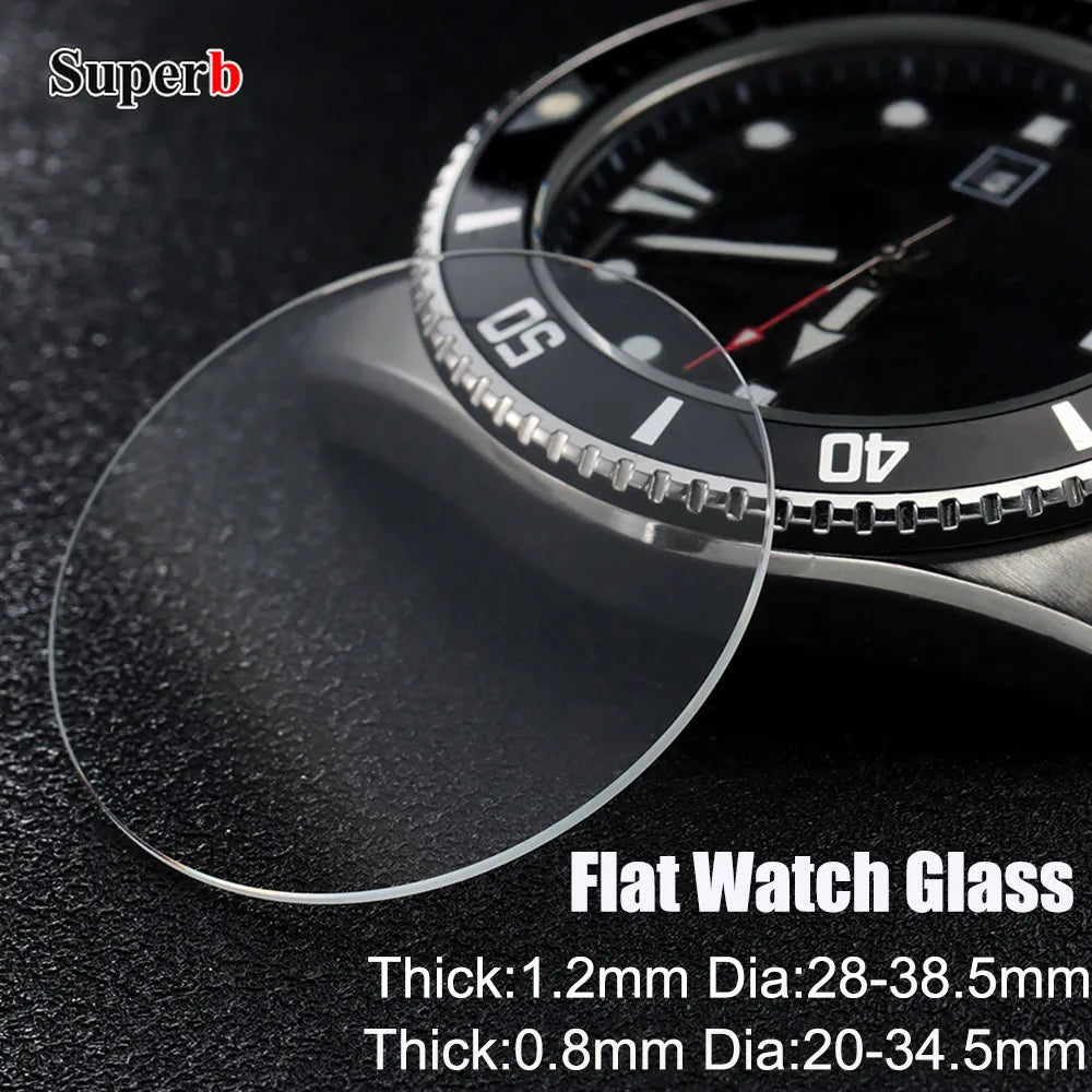 Verre de montre de remplacement de haute qualité, plat, épaisseur 0,8/1,2 mm, diamètres 20-34,5 mm et 28-38,5 mm, transparent, accessoires de montre en cristal.
