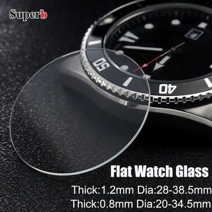 Verre de montre de remplacement de haute qualité, plat, épaisseur 0,8/1,2 mm, diamètres 20-34,5 mm et 28-38,5 mm, transparent, accessoires de montre en cristal.