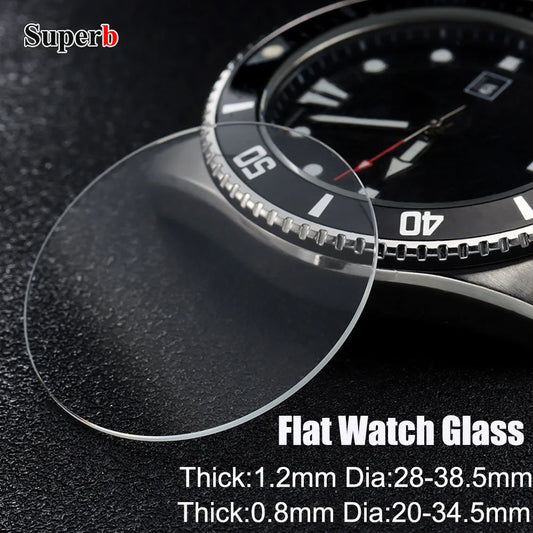 High-quality flat watch crystal replacement, 0.8/1.2mm thick, 20-34.5mm and 28-38.5mm diameters, clear, watch crystal accessories.