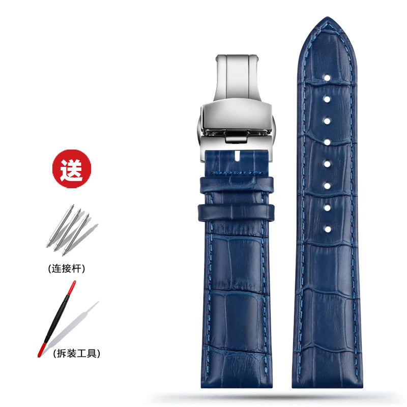Blue Leather Bracelet for Men and Women, 12mm, 14mm, 16mm, 18mm, 20mm, 22mm for Tissot Longines, Omega Seamaster, Blue, Black, Brown