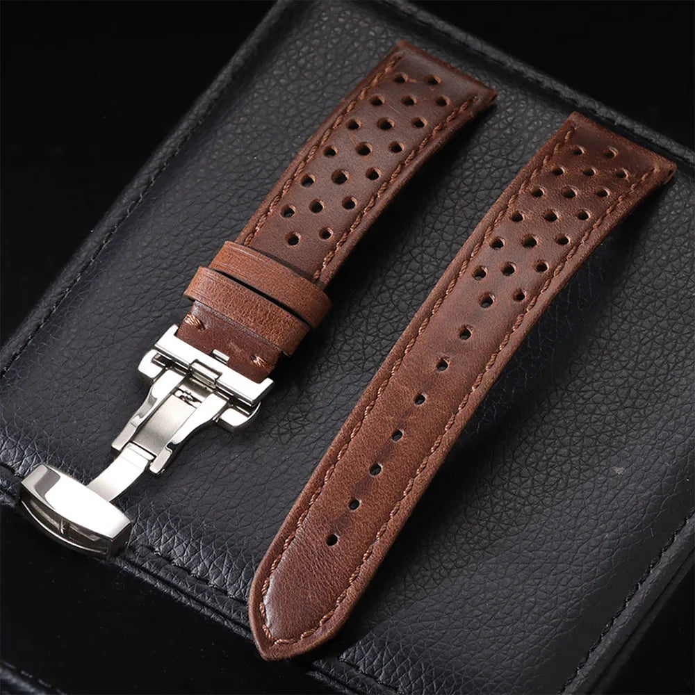 Bracelet de montre universel en cuir de vache véritable, boucle papillon, Vintage, pour hommes et femmes, respirant, ceinture 18/20/22mm