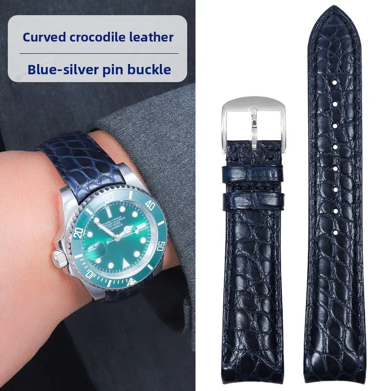 Bracelet de montre incurvé en peau de Crocodile, 20mm 22mm, pour Rolex Omega Tissot IWC Seiko, Bracelet en cuir véritable souple pour hommes