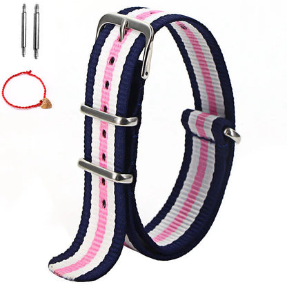 Bracelet de montre à rayures de remplacement pour hommes et femmes, en Nylon, avec boucle ardillon argentée, 16MM 18MM 20MM 22MM, bracelet à dégagement rapide