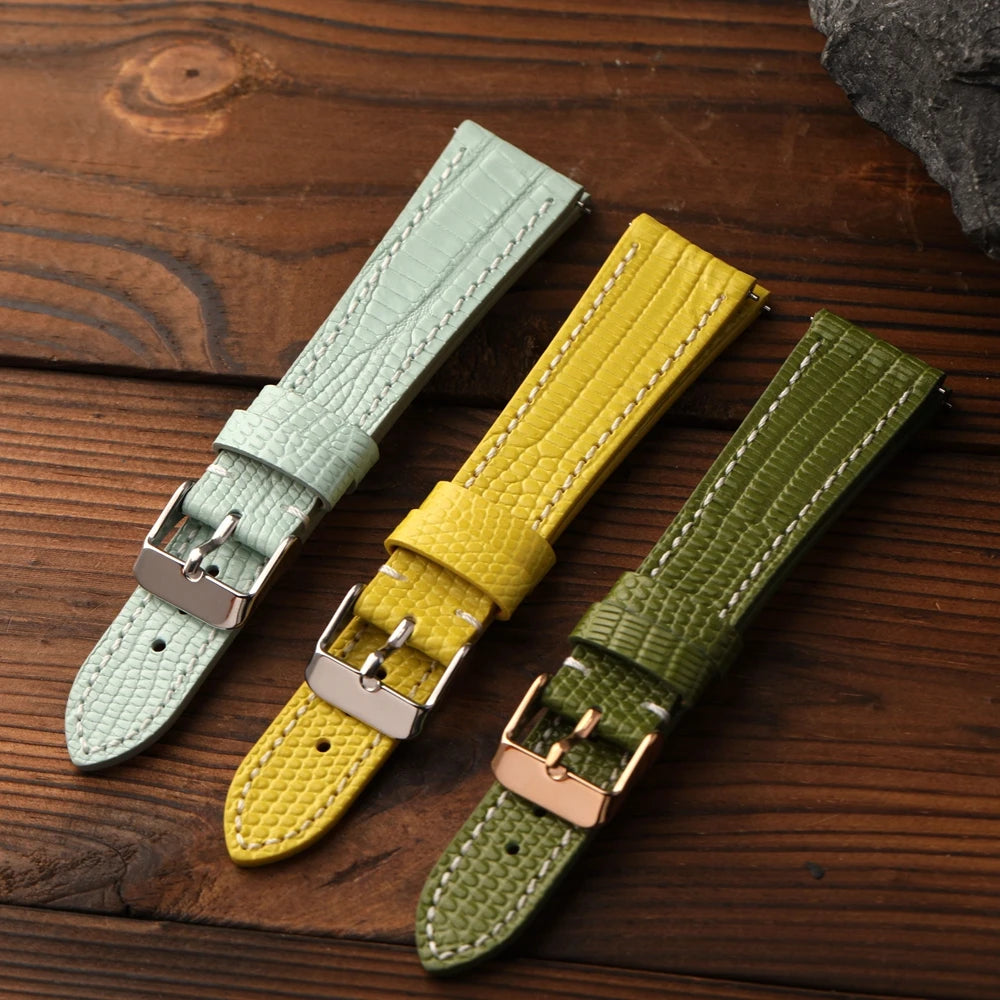 Lizard Grain Cowhide Leather Watch Strap, 18 19 20 22MM Premium Soft Leather Watch Band, Retro Blue-Green-Yellow Quick Release Strap for Men