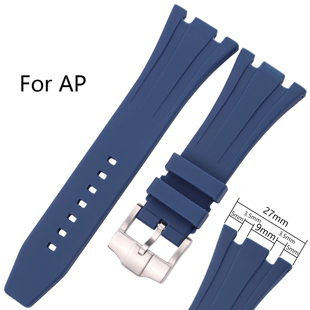 Bracelet de montre en caoutchouc de silicone souple, bracelet de plongée, bracelet de montre-bracelet, bleu, noir, 27mm
