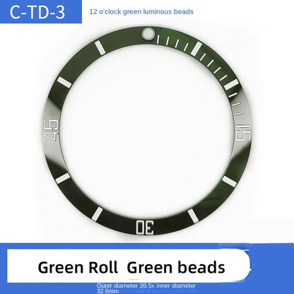 Ceramic watch bezel, 39.5x32.6mm, for Tudor Black Bay, inclined bezel, fitted scale, 12-hour, green luminous pearl, accessories