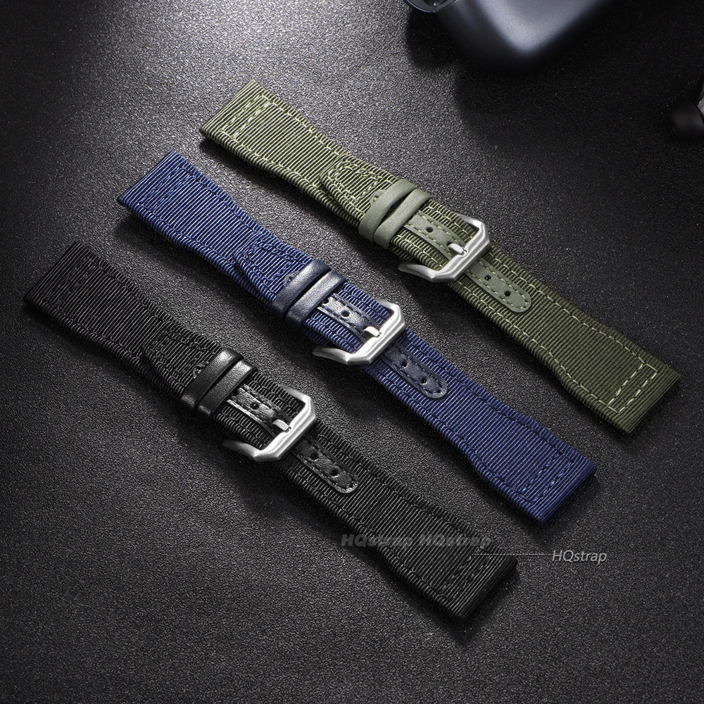 Bracelet de montre en toile de Nylon, 20mm 21mm 22mm, pour pilote IWC, ceinture de poignet en cuir pour femmes et hommes, noir, vert armée, bracelet en cuir de vache bleu