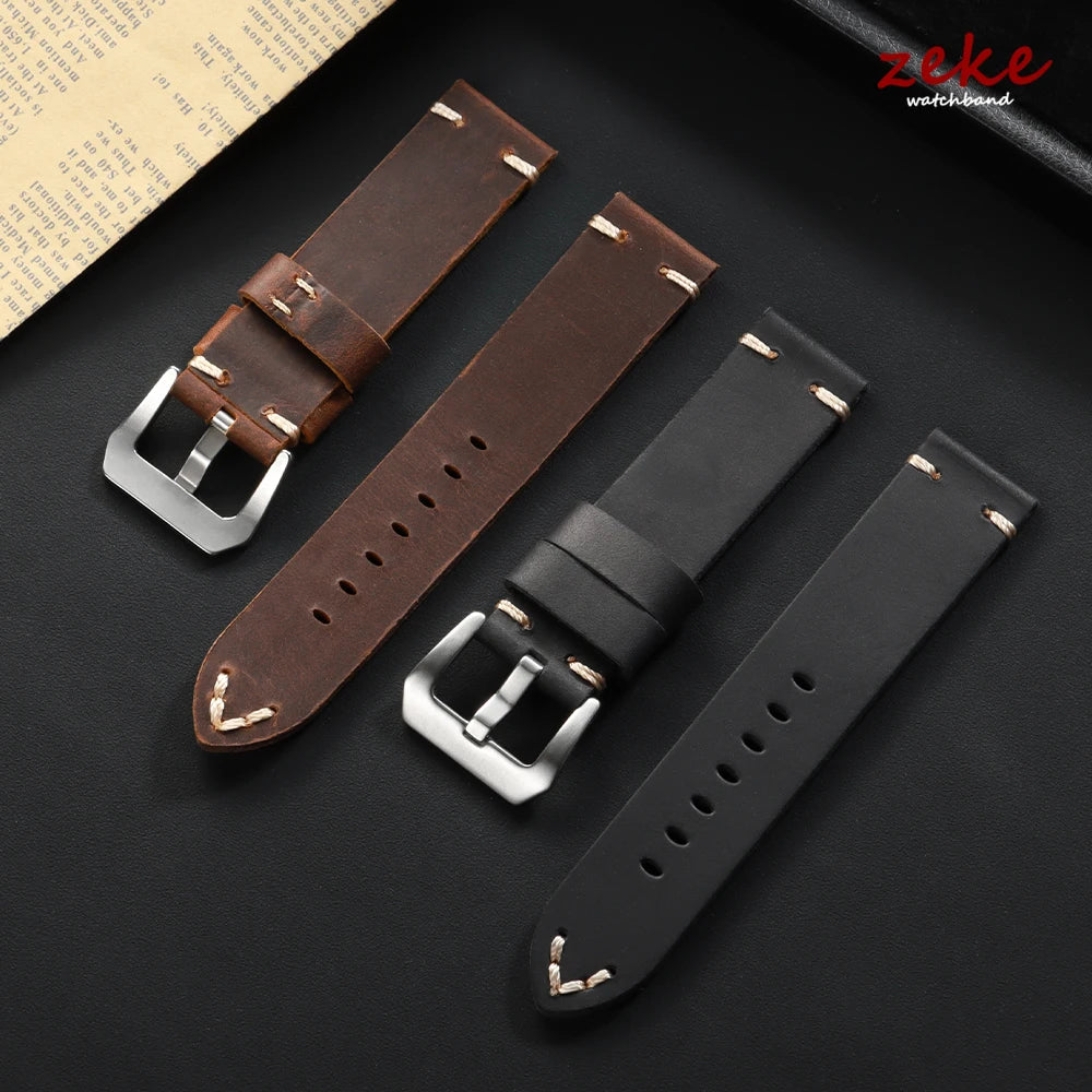 Hand-stitched cowhide leather watch strap, vintage business style, 18mm, 20mm, 22mm, 24mm, 26mm, soft leather strap for men