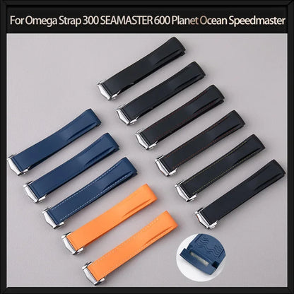 Bracelet de montre en caoutchouc FKM Fluororubber 19/20/21/22 mm à extrémités courbées pour Omega Strap 300 SEAMASTER 600 Planet Ocean Speedmaster