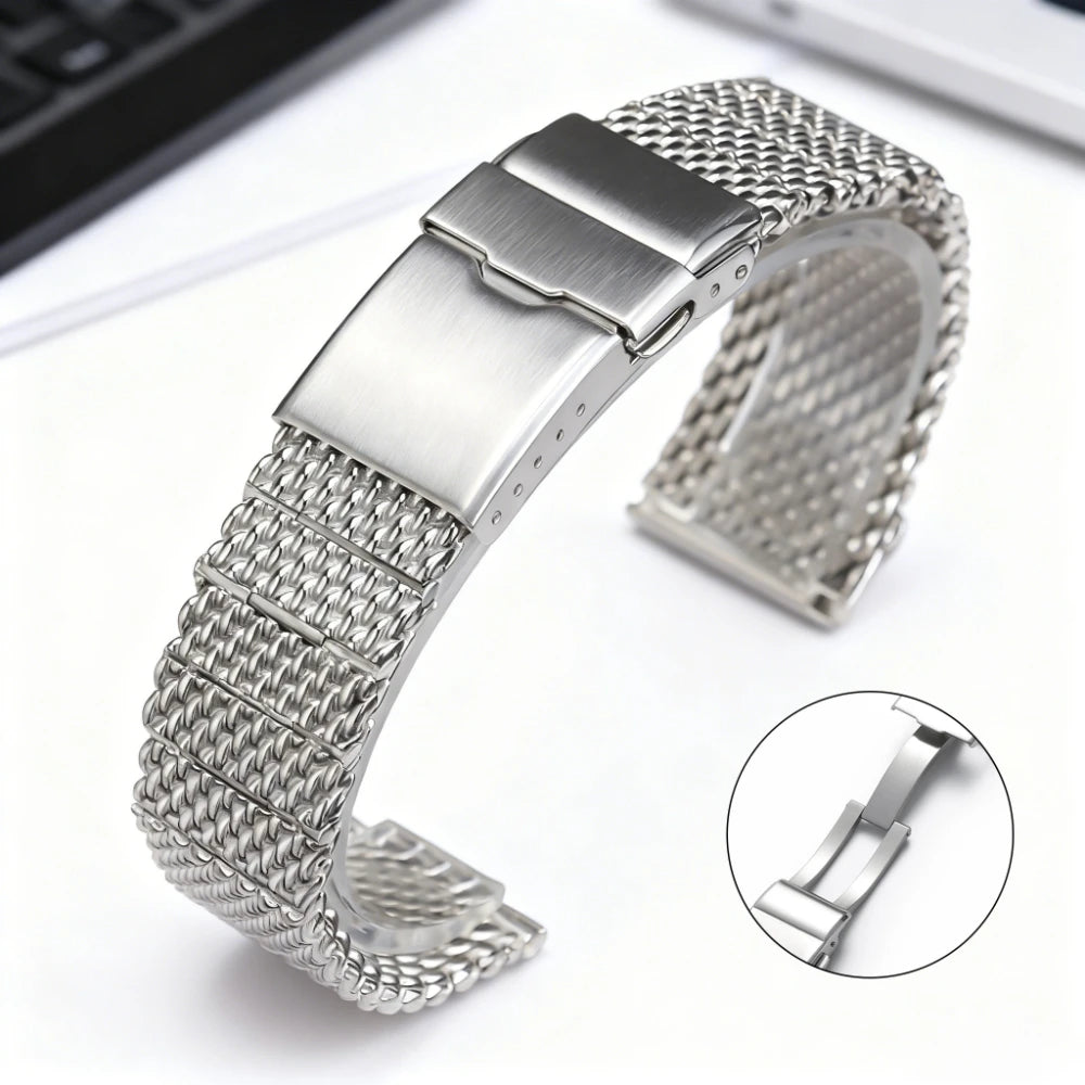 Bracciale universale in maglia di acciaio inossidabile, estremità piatta, a vite, argento, alta qualità, alla moda, chiusura pieghevole in metallo, 22 mm