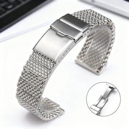 Bracciale universale in maglia di acciaio inossidabile, estremità piatta, a vite, argento, alta qualità, alla moda, chiusura pieghevole in metallo, 22 mm