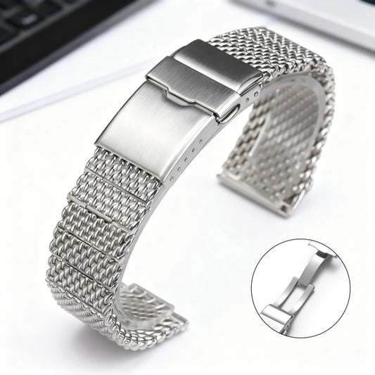 Bracciale universale in maglia di acciaio inossidabile, estremità piatta, a vite, argento, alta qualità, alla moda, chiusura pieghevole in metallo, 22 mm