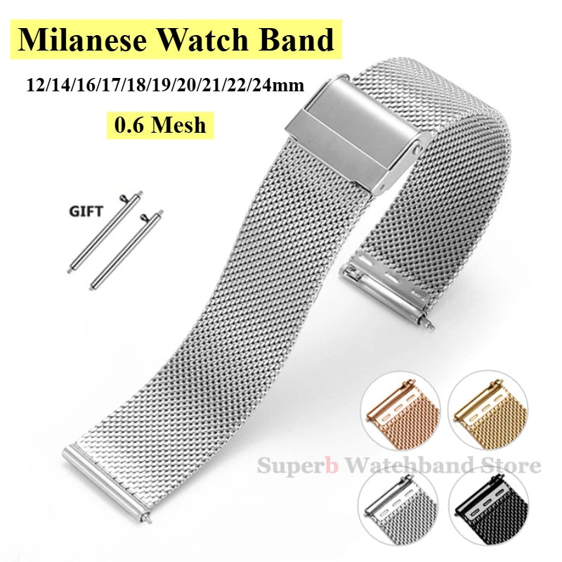 Bracelet milanais universel à dégagement rapide, 18mm, 20mm, 22mm, 12mm, 14mm, 16mm, 17mm, 19mm, 21mm, 24mm, maille 0.6, acier inoxydable