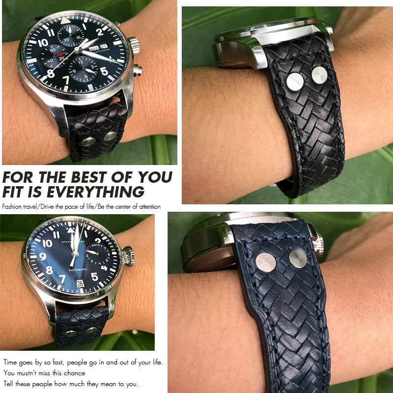 Bracelet de montre tissé en cuir de vachette RiSALE, bracelet de montre bleu, cuir véritable, haute qualité, adapté aux montres IWC Big Pilot's Spitfire, 21mm, 22mm