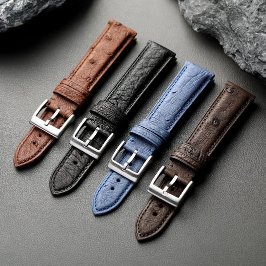 Handgefertigtes Straußenlederarmband, 18 19 20 21 22 mm, schwarz, blau, braun, weiches Leder, Retro-Stil, Uhrenarmband für Herren