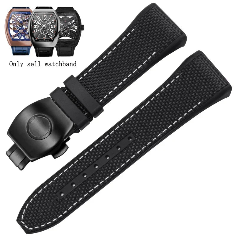 Bracelet de montre pliable en nylon et cuir véritable, bracelet de montre en silicone, noir, bleu, haute qualité, compatible avec Franck Muller, série V45, 28mm