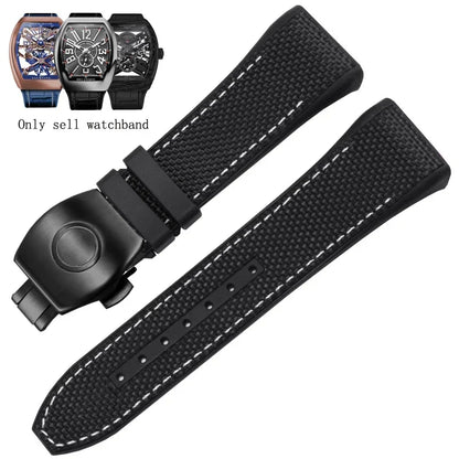 Bracelet de montre pliable en nylon et cuir véritable, bracelet de montre en silicone, noir, bleu, haute qualité, compatible avec Franck Muller, série V45, 28mm