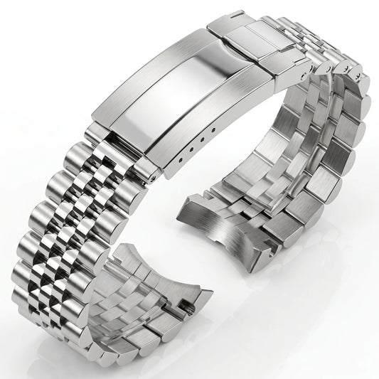 Bracciale per orologio in acciaio inossidabile massiccio 904L di qualità superiore, estremità curva da 20 mm, cinturino metallico a 3 maglie per uomo, orologio da immersione, chiusura di sicurezza