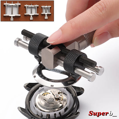 3-in-1 metal watchmaker tool: Adjustable case opener, press to close and open the case back, watch movement holder