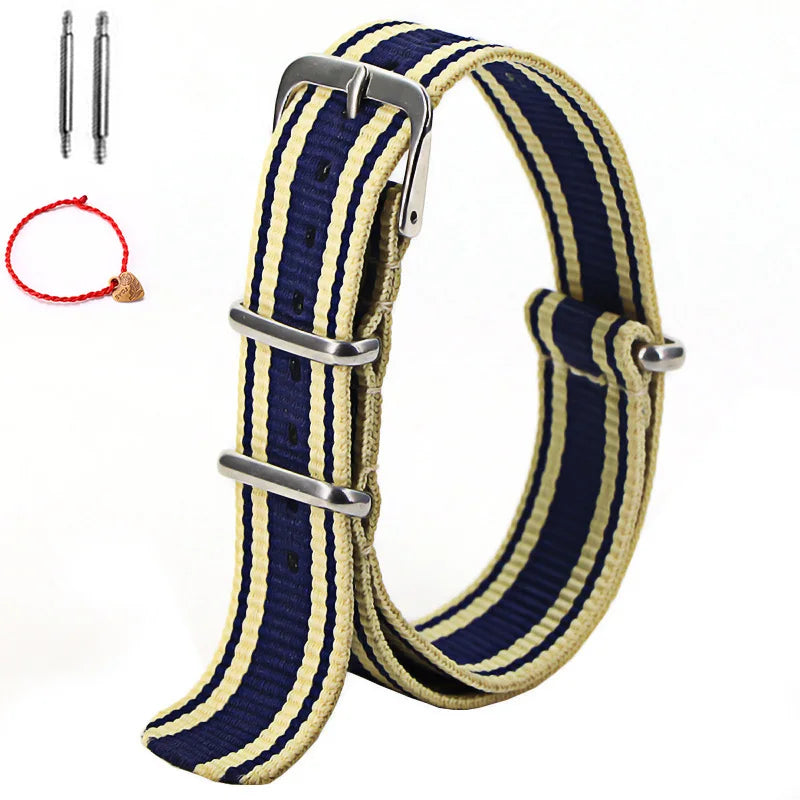 Bracelet de montre à rayures de remplacement pour hommes et femmes, en Nylon, avec boucle ardillon argentée, 16MM 18MM 20MM 22MM, bracelet à dégagement rapide