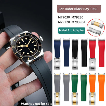 20mm 21mm 22mm for Tudor Heritage Black Bay Panda Chrono Black Shield Curved End Rubber Strap M79363 M7939G1 Folding Clasp