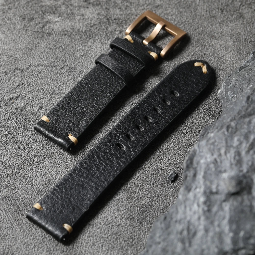 Handmade Top Layer Cowhide Leather Strap, Black Brown Bronze Watchband 19 20 21 22MM, Pure Copper Bezel, Bronze Watch Accessories