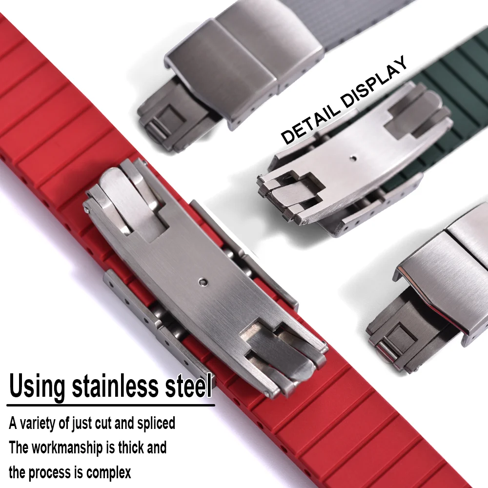 Bracelet de montre en caoutchouc FKM 20mm Style Delugs boucle papillon en argent découpée