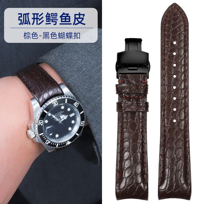 Bracelet de montre incurvé en peau de Crocodile, 20mm 22mm, pour Rolex Omega Tissot IWC Seiko, Bracelet en cuir véritable souple pour hommes