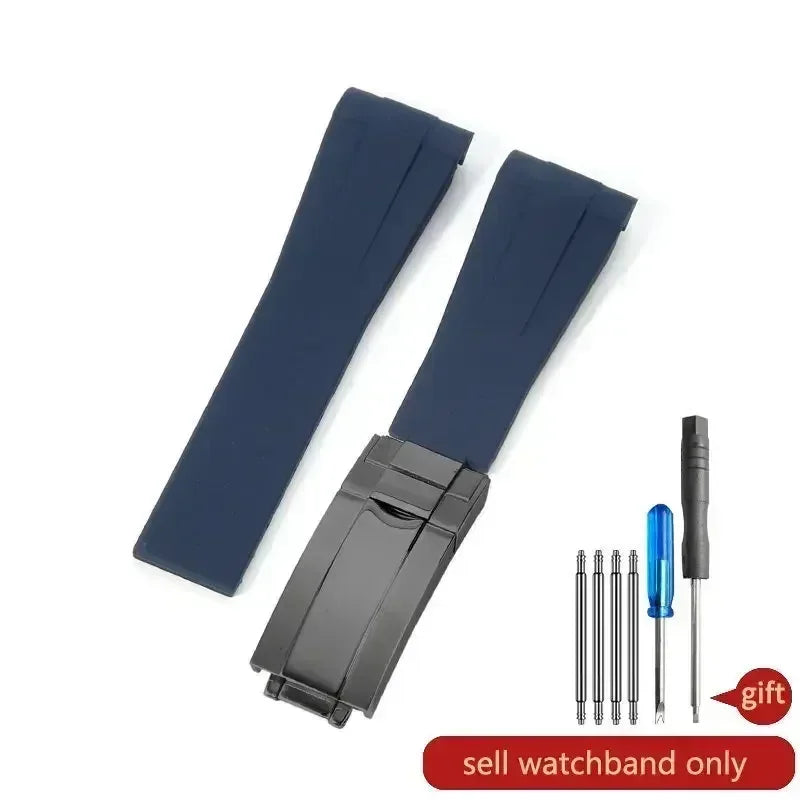 High-quality silicone watch strap in colorful styles (black, green, red, blue, white), with a curved interface for Rolex Datejust Submariner straps.