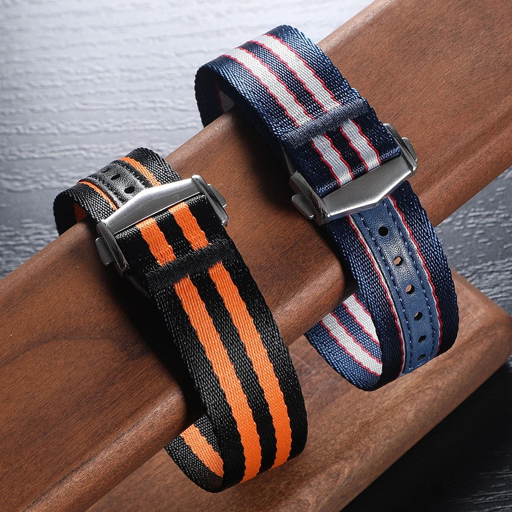 Cinturino per orologio classico in morbido nylon con fibbia deployante 20mm 22mm, in tessuto di cintura di sicurezza premium con chiusura pieghevole per Omega