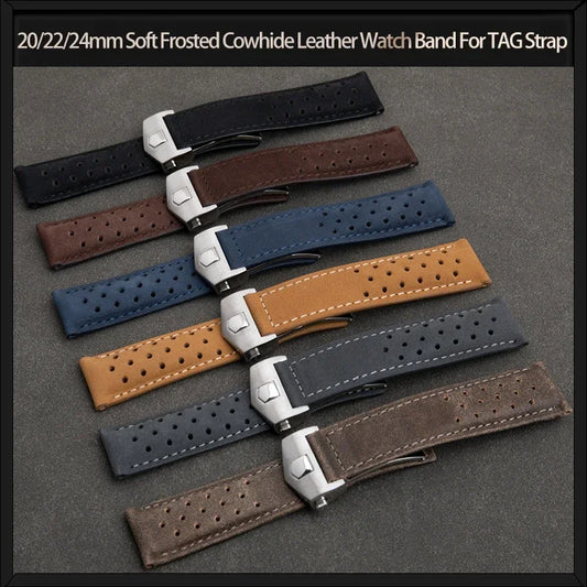Bracelet de montre en cuir de vache givré souple, 20/22/24mm, pour bracelet TAG HEUER CARERA AQUARACER Monaco F1, boucle pliante en acier