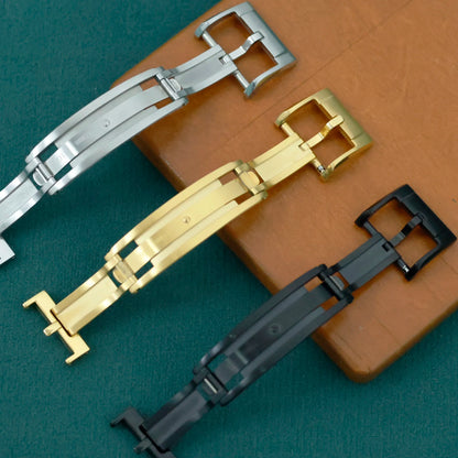 Premium spring-loaded folding clasp, secure 16mm/18mm luxury watch buckle for leather straps, aircraft-grade stainless steel