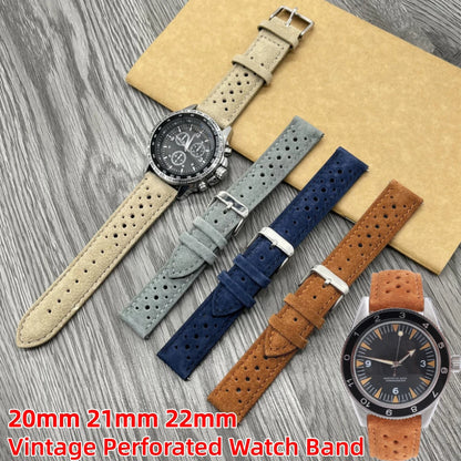 Bracelet de montre en cuir suédé perforé vintage 20mm 21mm 22mm - Sangle de remplacement rétro respirante à dégagement rapide