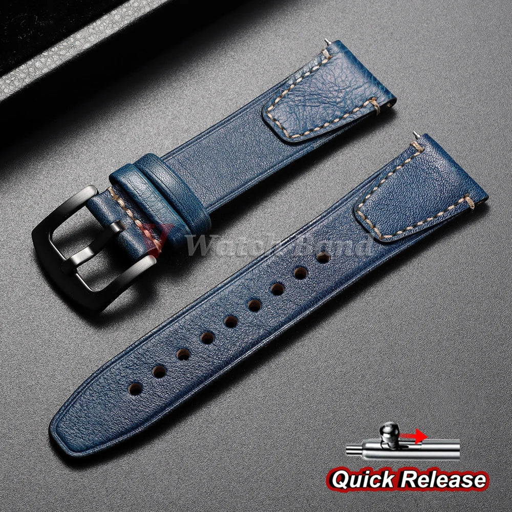 Bracelet de montre en cuir de vache véritable vintage 18mm 20mm 22mm, à dégagement rapide, universel, style rétro, pour femmes et hommes