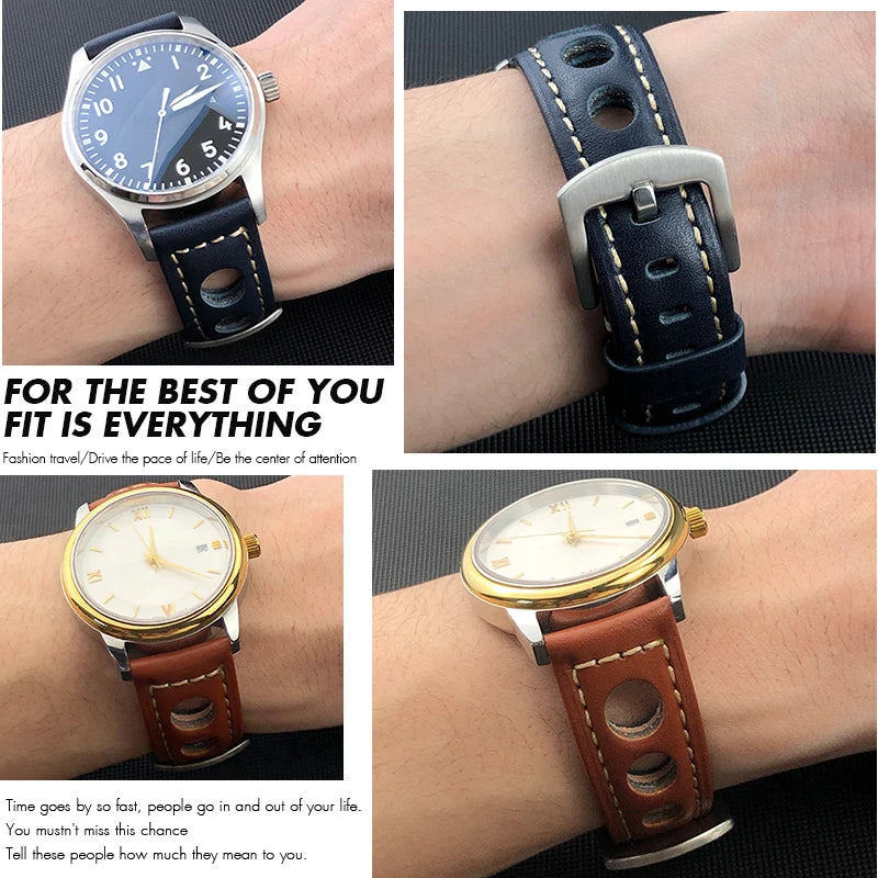 Bracelet de montre en cuir de veau 19mm 20mm 21mm 22mm pour IWC Pilot Breitling Tudor Omega Seiko SKX 5, bracelet de montre en cuir de vache véritable avec trous