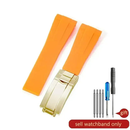 High-quality silicone watch strap in colorful styles (black, green, red, blue, white), with a curved interface for Rolex Datejust Submariner straps.