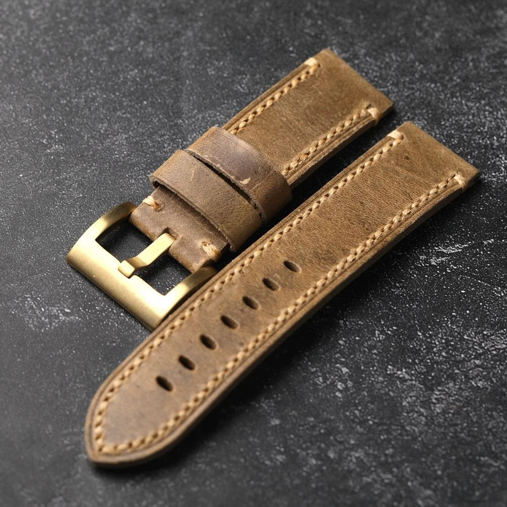 Bracelet en cuir de vache fait à la main, couche de tête, 20 22 24 26MM, boucle en Bronze, Style rétro, accessoires de montre en cuivre pur épais