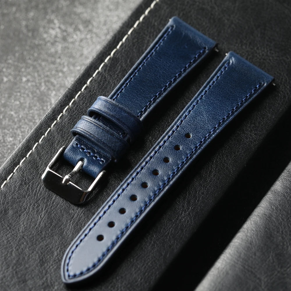 Bracciale in pelle di vacchetta italiana fatto a mano, 18 19 20 21 22 MM nero, cinturino in pelle vintage blu-verde, a sgancio rapido, bracciale morbido da uomo