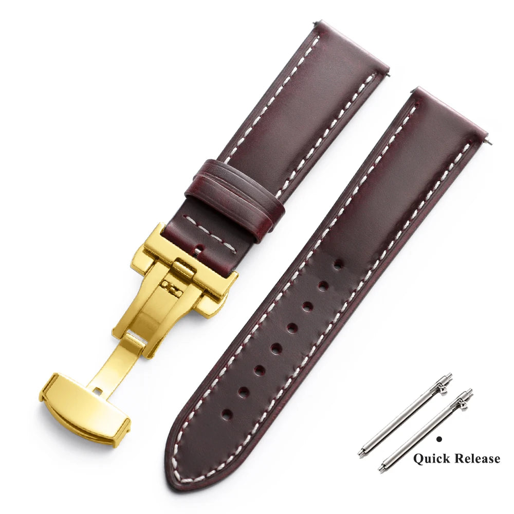 Bracelet de montre Vintage en cuir ciré à l'huile, 18mm 20mm 22mm, couche de tête universelle en cuir de vache, accessoires de Bracelet à boucle papillon