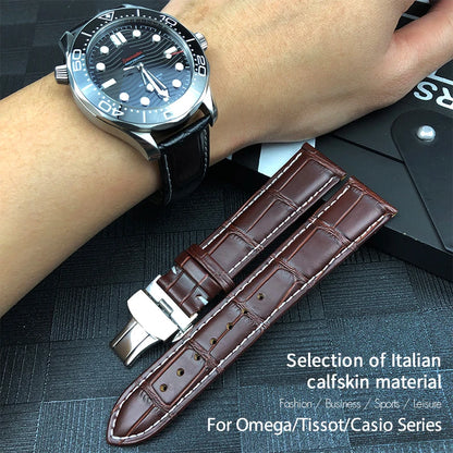 Bracelet de montre en cuir véritable pour Omega Tissot Longines, bracelet en cuir de vachette, fermoir papillon O SEIKO, acity, 14mm, 16mm, 18mm, 19mm, 20mm, 21mm, 22mm