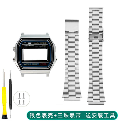 Boîtier de lunette métallique en acier inoxydable + Kit de bracelet pour Casio F91W/A158/A159 – Bracelet de montre et outils de remplacement personnalisés (argent/noir/or)