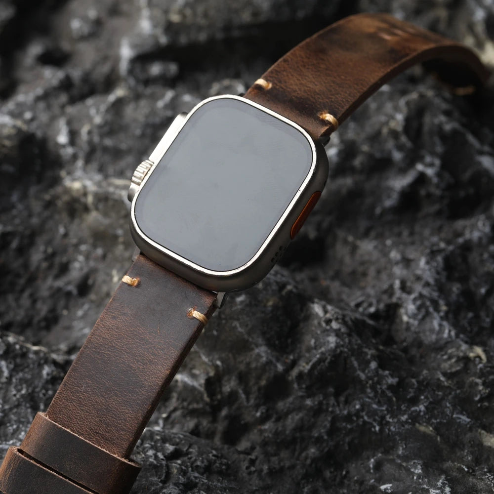 Bracciale in pelle bovina da uomo fatto a mano strato superiore, stile retrò per iWatch Apple Watch Ultra 2 49MM 45MM 44MM 42MM, cinturino spesso marrone