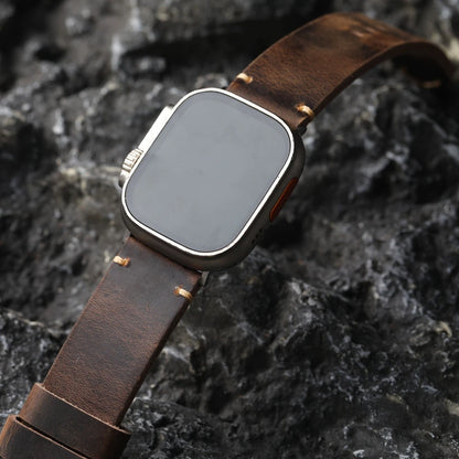 Bracciale in pelle bovina da uomo fatto a mano strato superiore, stile retrò per iWatch Apple Watch Ultra 2 49MM 45MM 44MM 42MM, cinturino spesso marrone
